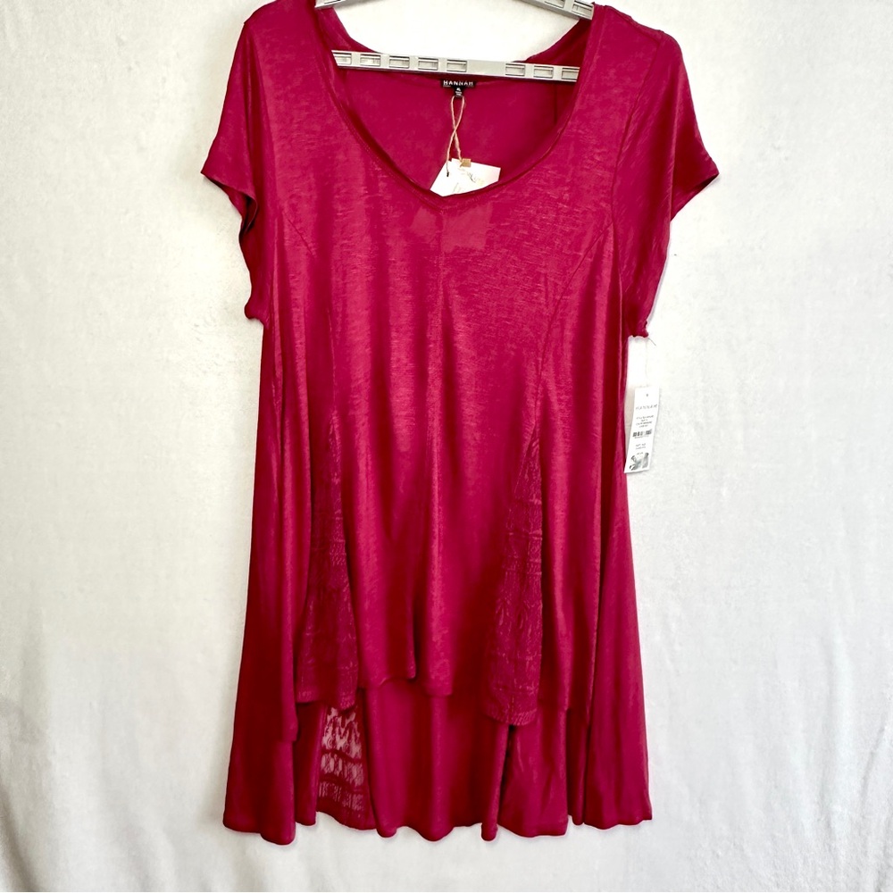 Hannah Top Women's XL Fuchsia Short Sleeve Lace Hi Low Swing Lightweight Rayon